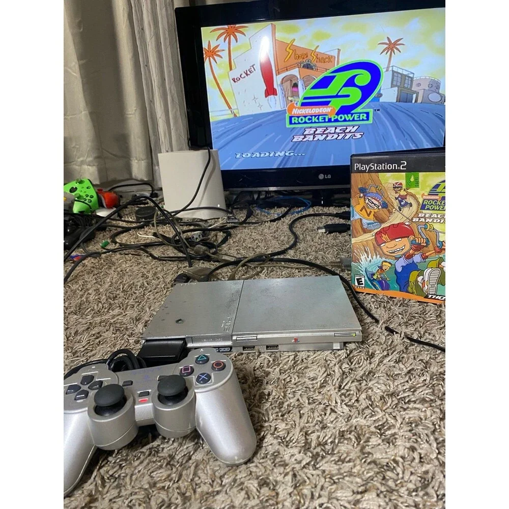 Sony Playstation 2 PS2 Slim Silver Console OEM Silver Controller Tested + memory
